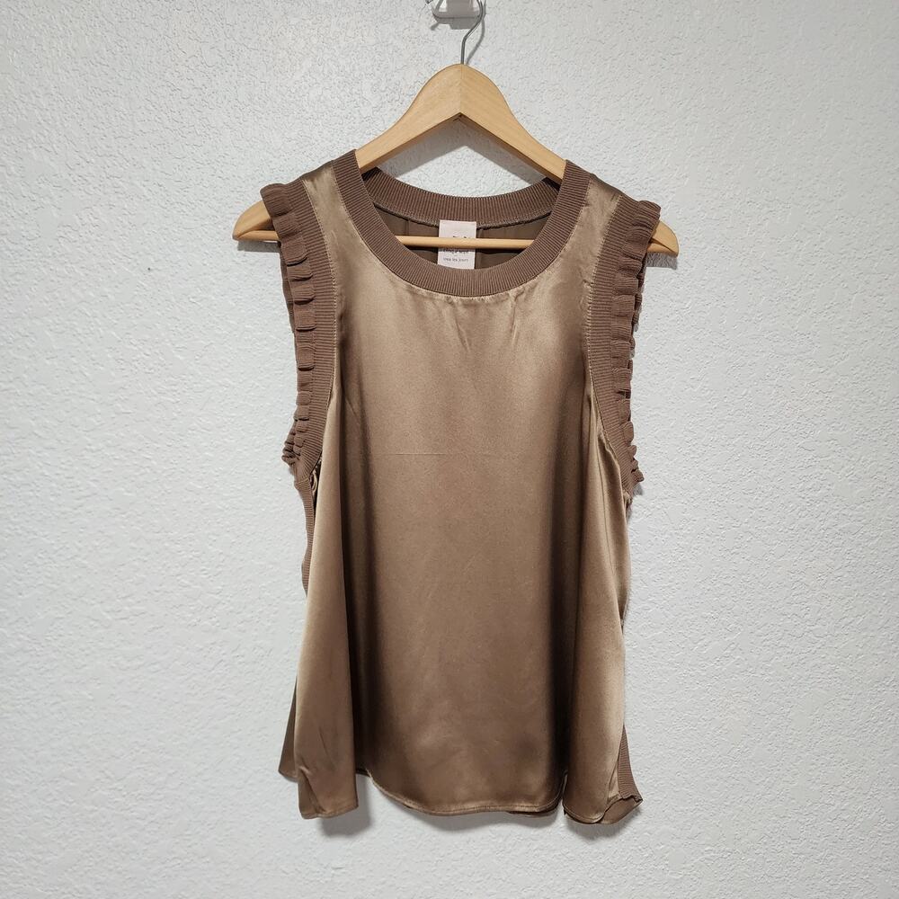 Cinq a Sept Bronze Silk Tank Top Knit Ribbed Trim Ruffled Armholes Large NWT